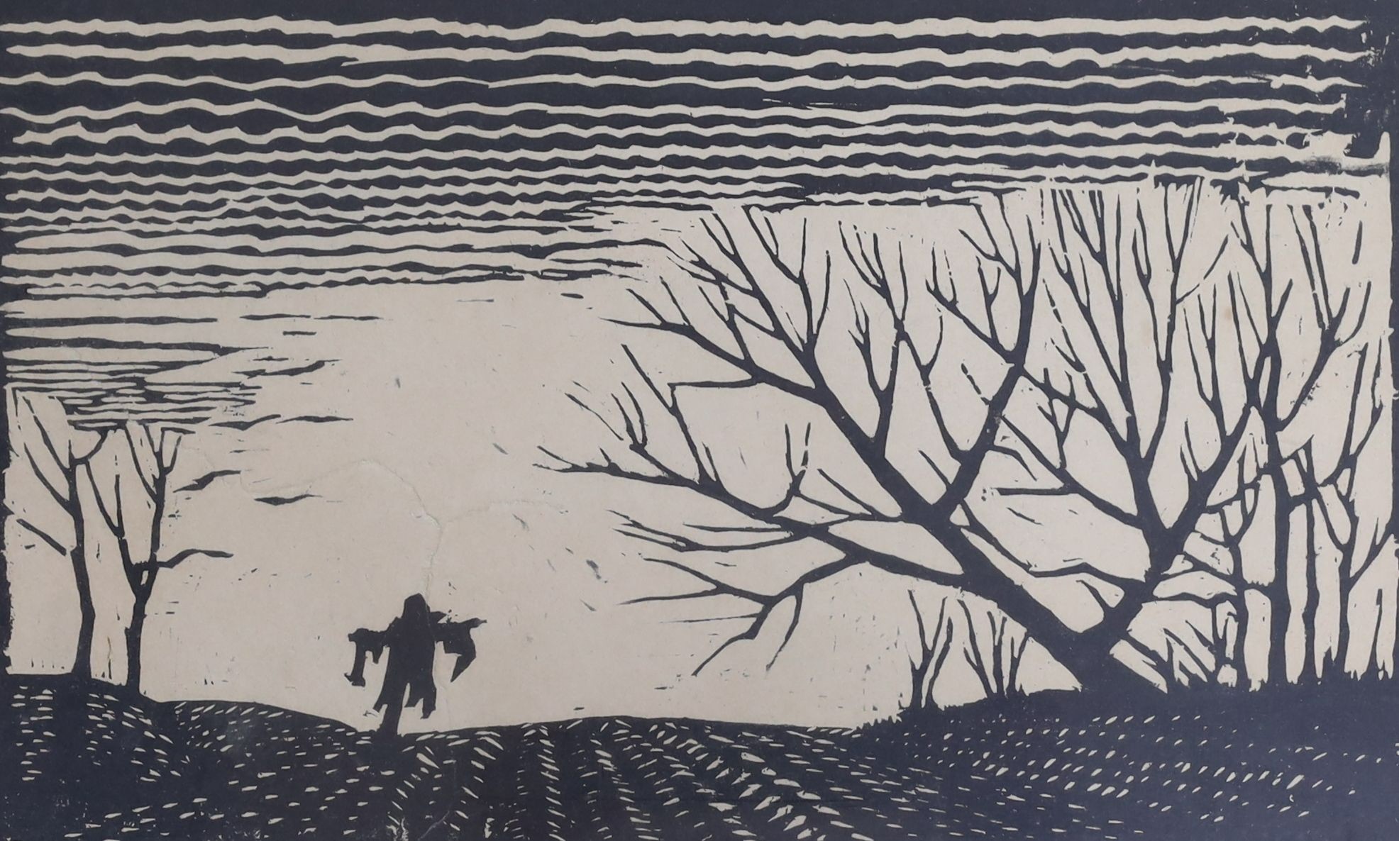 Alex Kola Gbadebo, linoprint, 'The Harvest', signed in pencil and dated April '92. 1/40, 33 x 28cm and a woodcut by C. Dillon McSnih dated 1923, 21 x 33cm